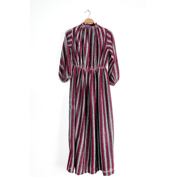 Vintage 70s Magenta Silver Stripe Glitter Sparkle Disco Party Maxi Dress small - Picture 3 of 6